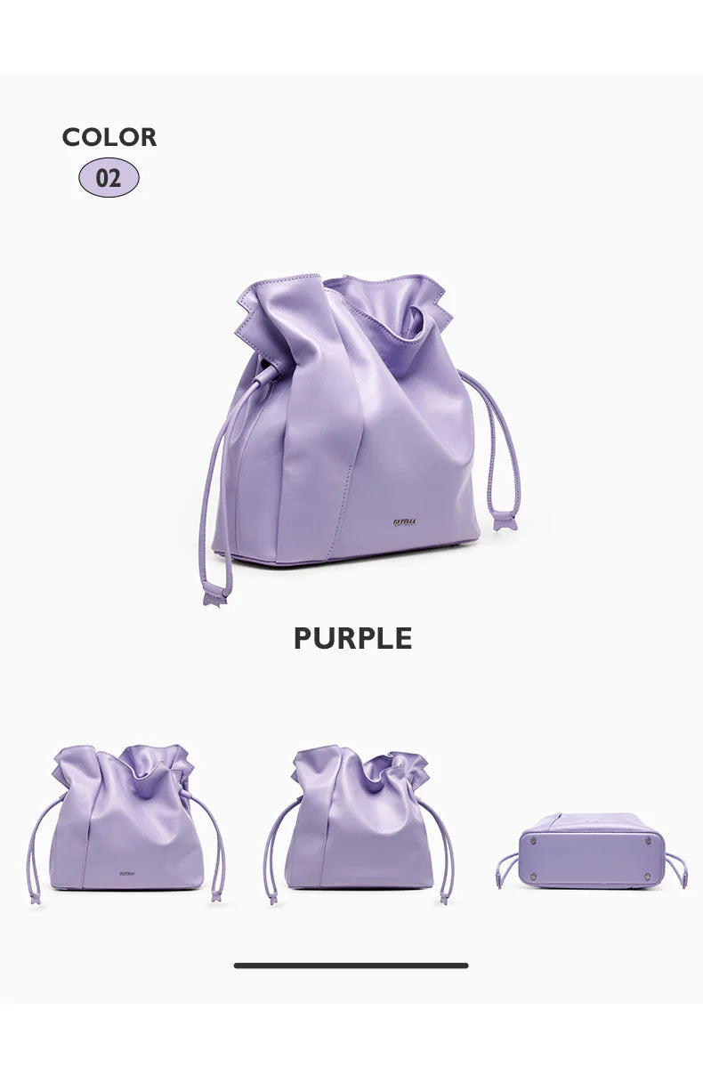 Genuine Leather Bucket Bag – Soft Casual with Open Pocket