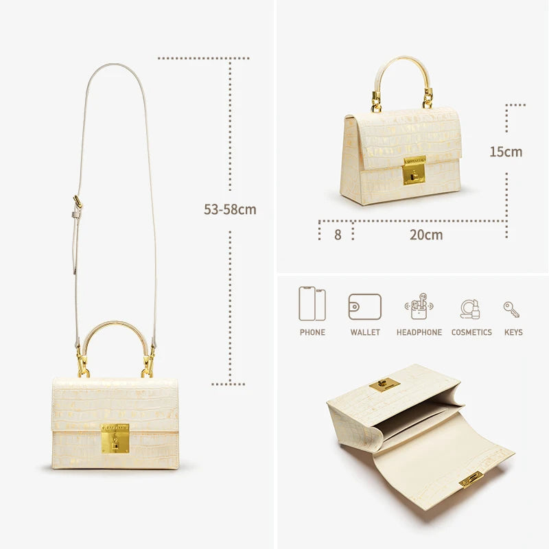 Genuine Leather Flap Shoulder Bag – Gold Lock Elegance