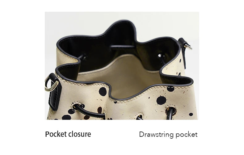 Genuine Leather Bucket Bag – Dot Pattern Drawstring