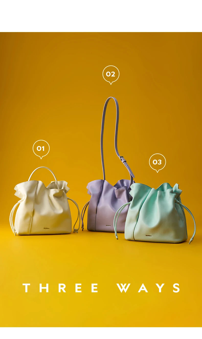 Genuine Leather Bucket Bag – Soft Casual with Open Pocket