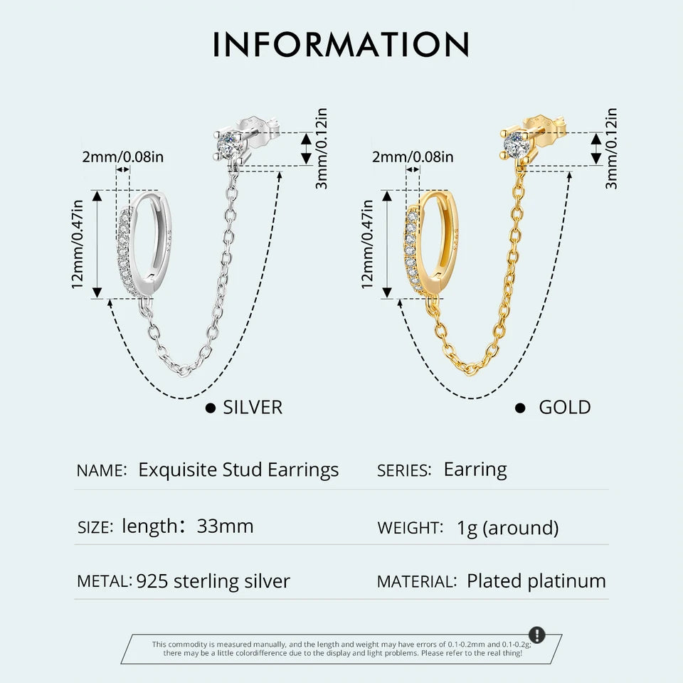Zircon Stud Earrings with Chain – 925 Sterling Silver Double Hoop