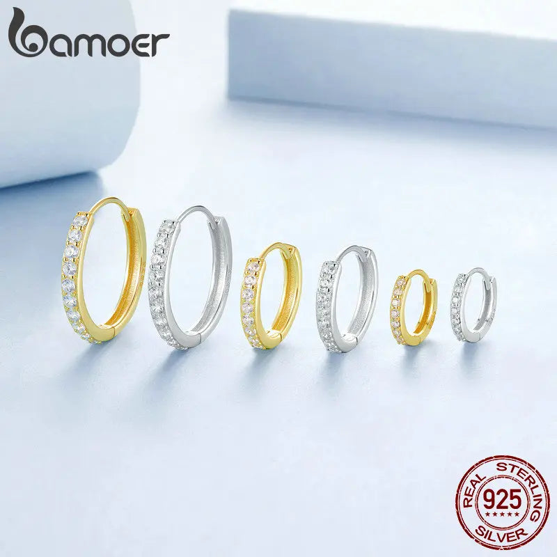 925 Sterling Silver CZ Huggie Hoop Earrings with Geometric Design