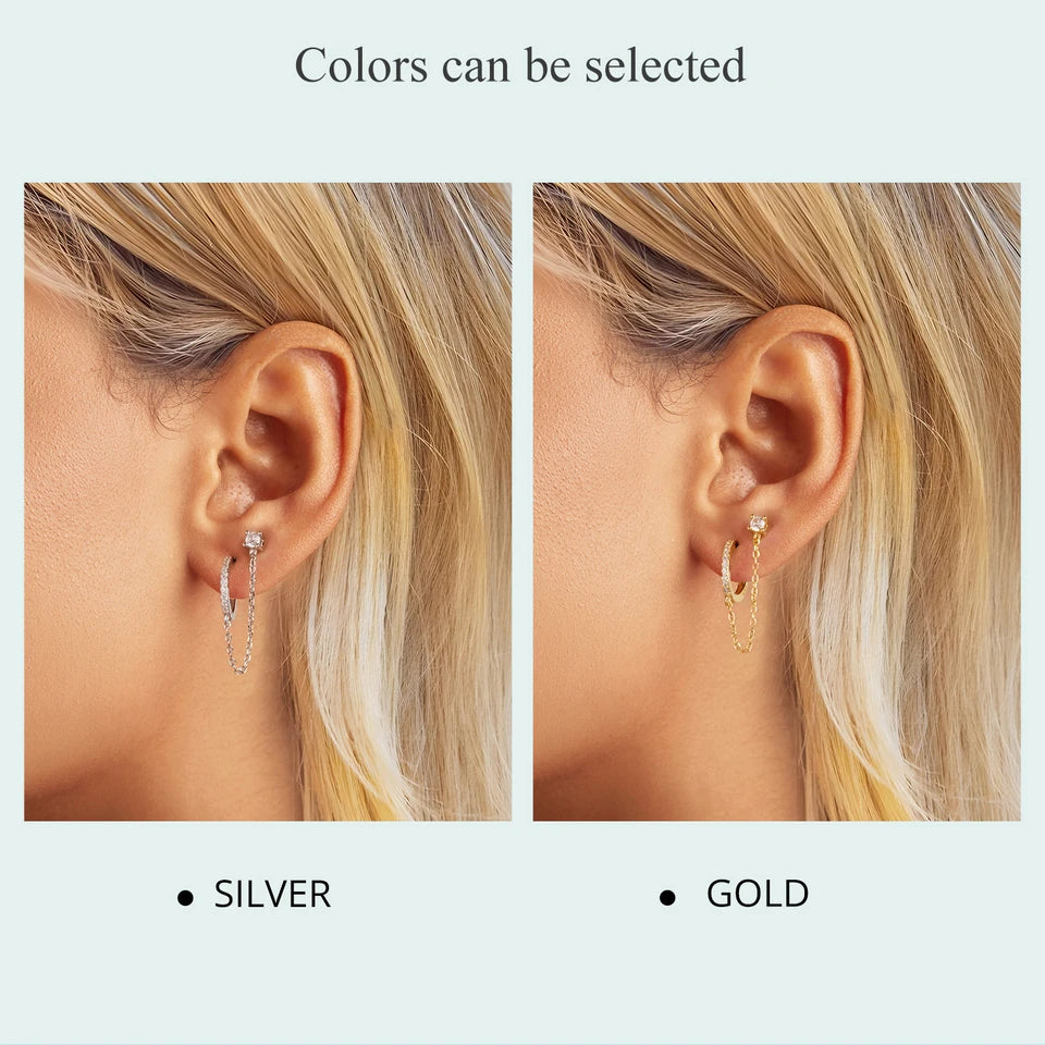 Zircon Stud Earrings with Chain – 925 Sterling Silver Double Hoop