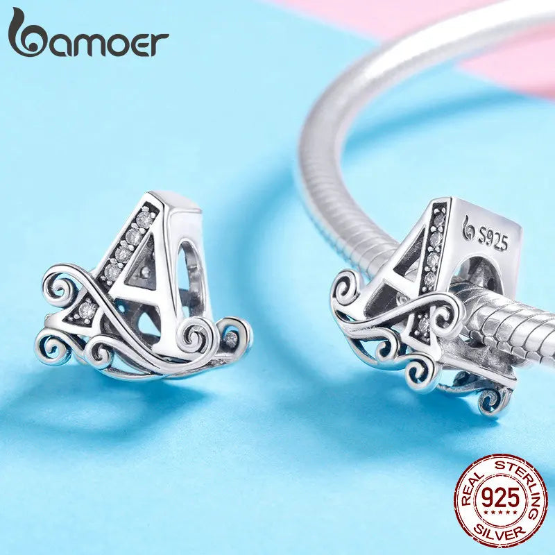 925 Sterling Silver Letter Charm Bead with AAA Zircon