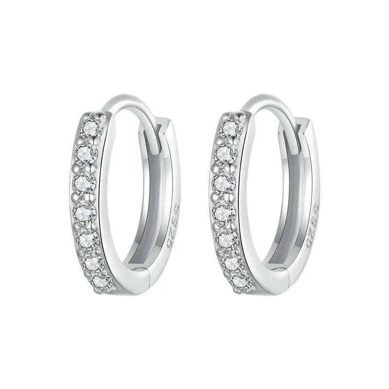 925 Sterling Silver CZ Huggie Hoop Earrings with Geometric Design