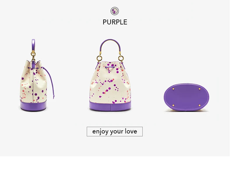 Genuine Leather Bucket Bag – Dot Pattern Drawstring