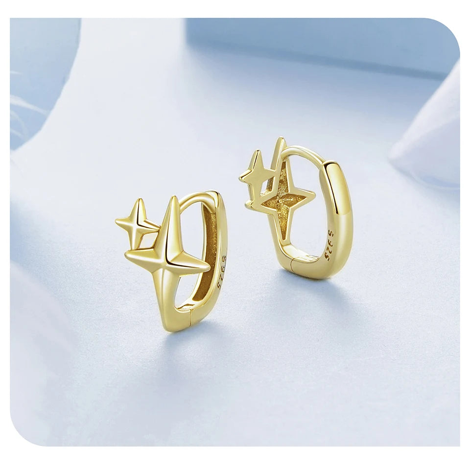 925 Sterling Silver Starlight Hoop Earrings – Minimalist Double Star Huggie