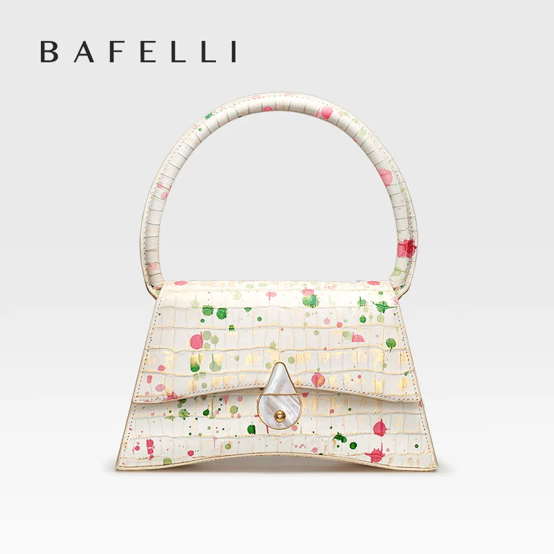 Genuine Leather Half Moon Flap Bag with Floral Pattern