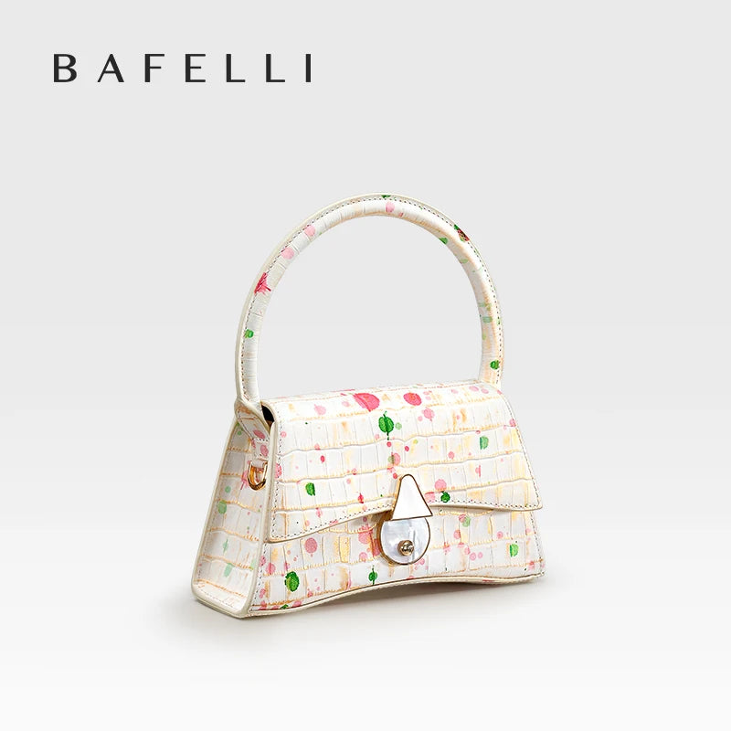 Genuine Leather Half Moon Flap Bag with Floral Pattern