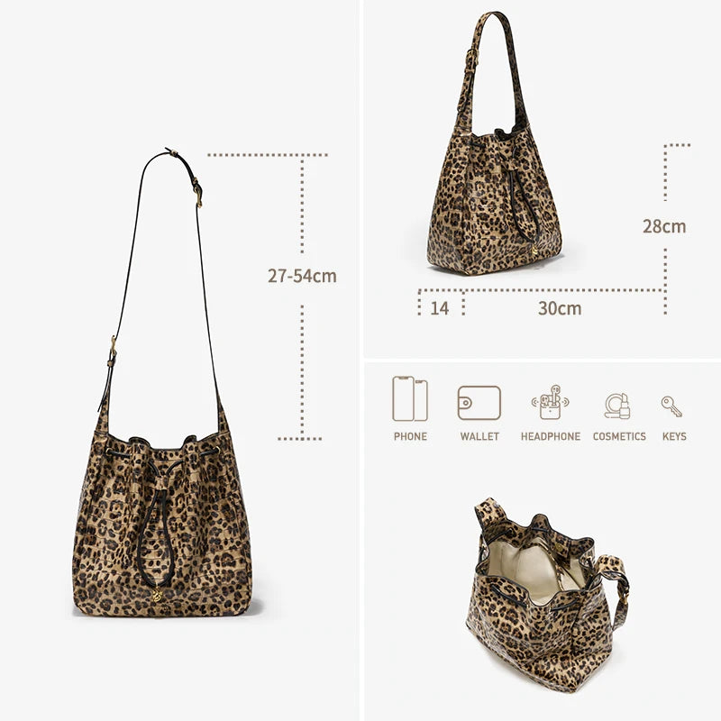 Soft Cowhide Leather Hobo Tote – Leopard Shoulder and Crossbody Bag