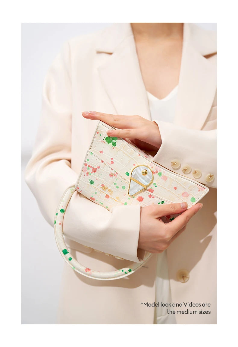 Genuine Leather Half Moon Flap Bag with Floral Pattern
