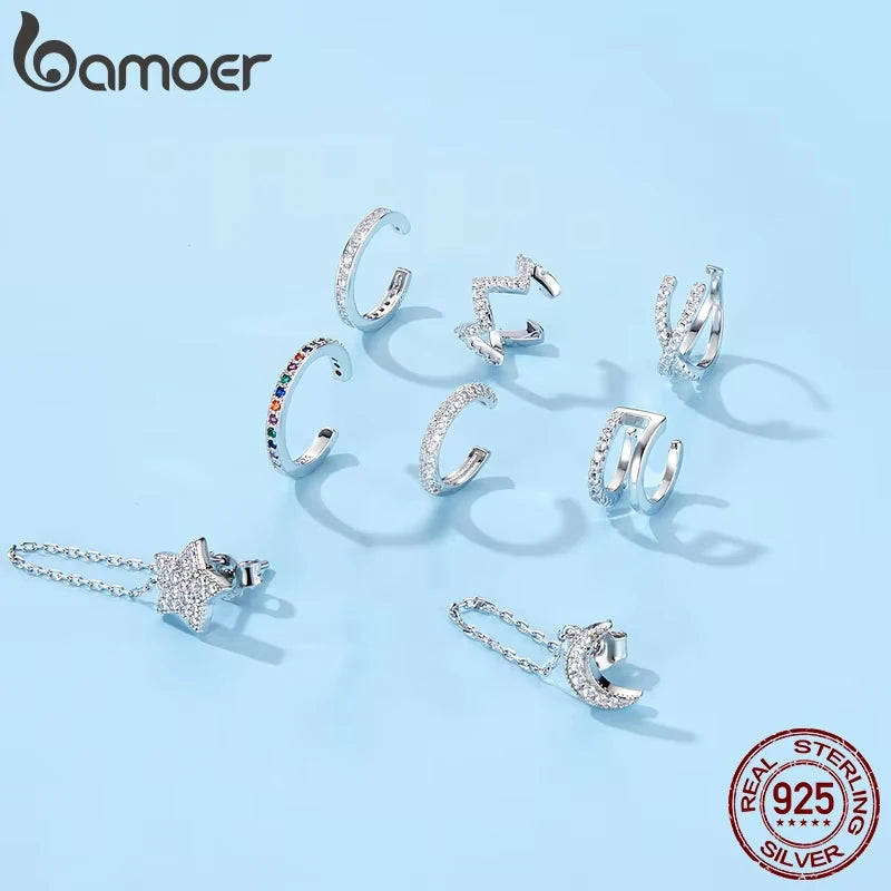 925 Sterling Silver CZ Ear Cuff Clip Earring with Geometric Design
