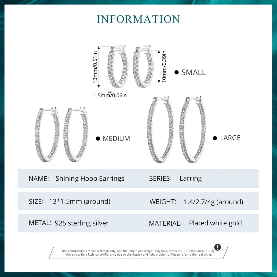 Sterling Silver Hoop Earrings – White Gold Plated with Zircon