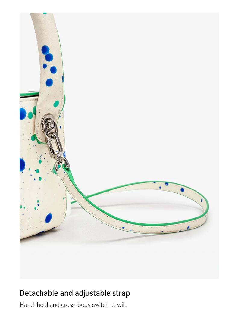 Boxy Genuine Leather Flap Bag – Dot Pattern Cat Design