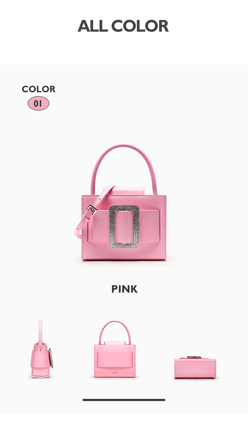 Genuine Leather Boxy Satchel – Diamond Accent Shoulder Bag