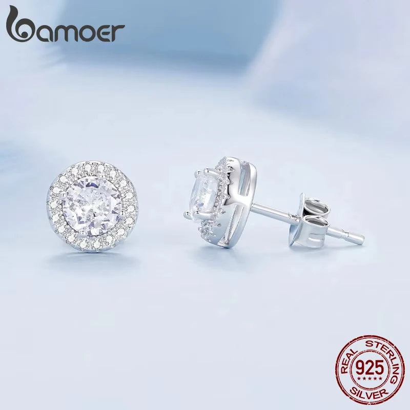 Classic Zircon Stud Earrings – 925 Sterling Silver Round Design