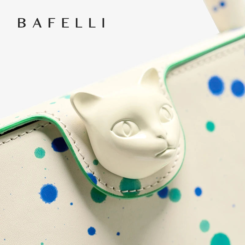 Boxy Genuine Leather Flap Bag – Dot Pattern Cat Design