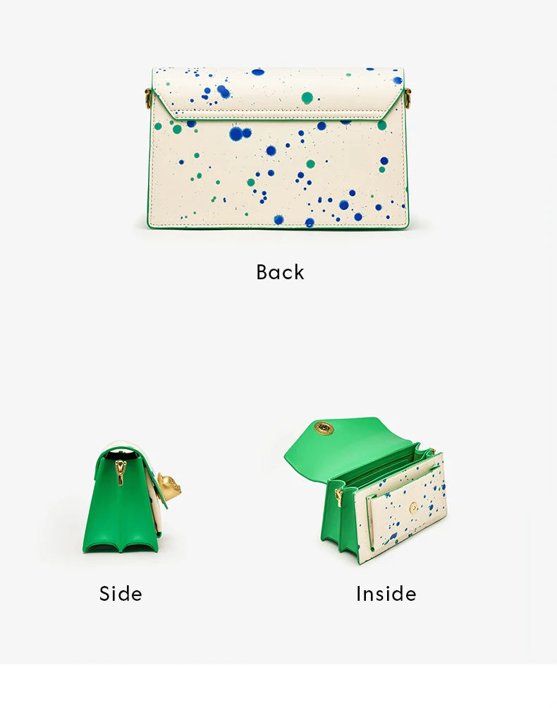 Genuine Leather Floral Flap Bag with Hasp Closure