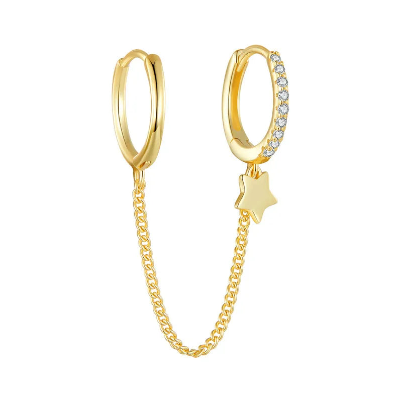 Zircon Stud Earrings with Chain – 925 Sterling Silver Double Hoop