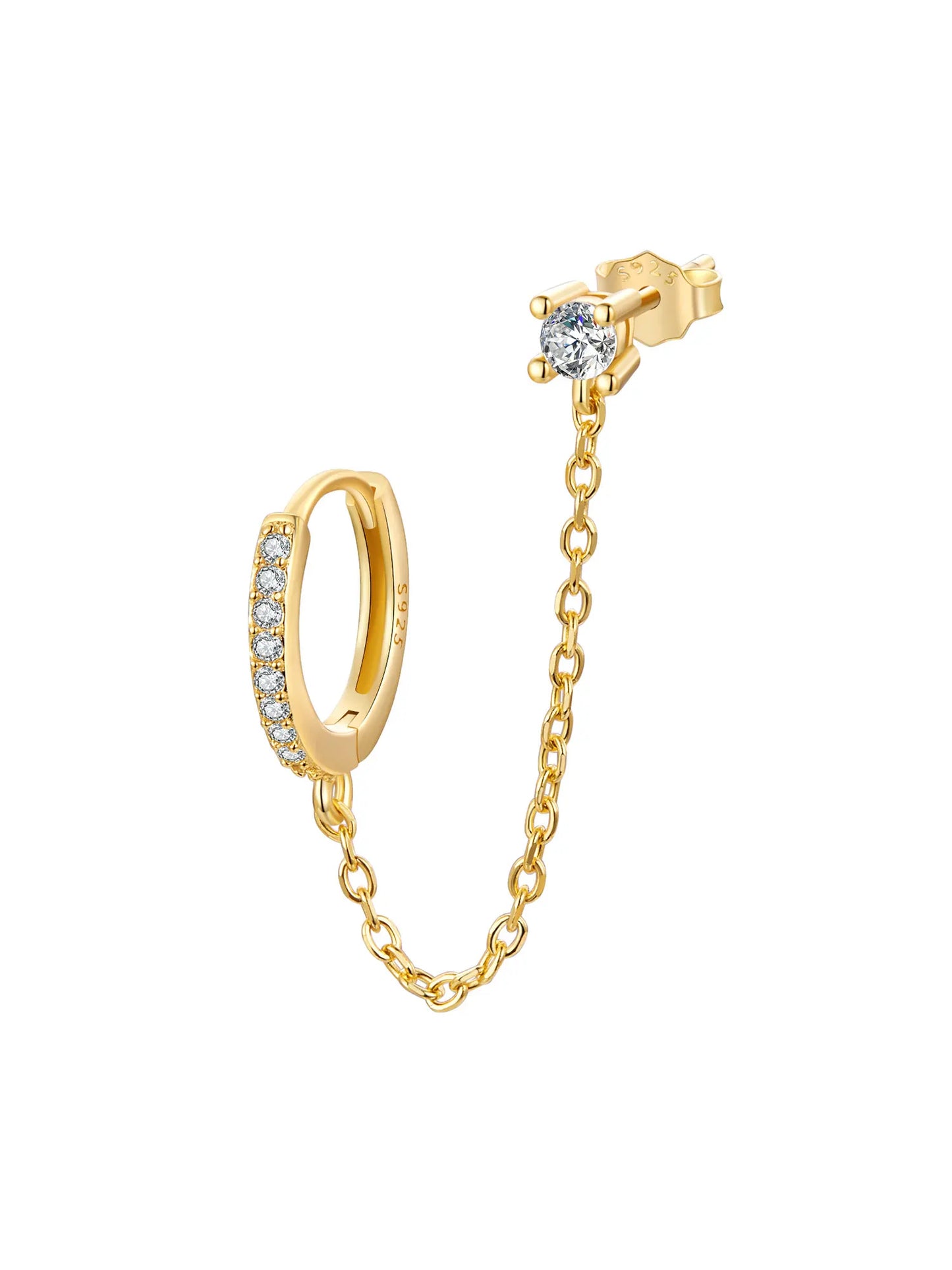 Zircon Stud Earrings with Chain – 925 Sterling Silver Double Hoop