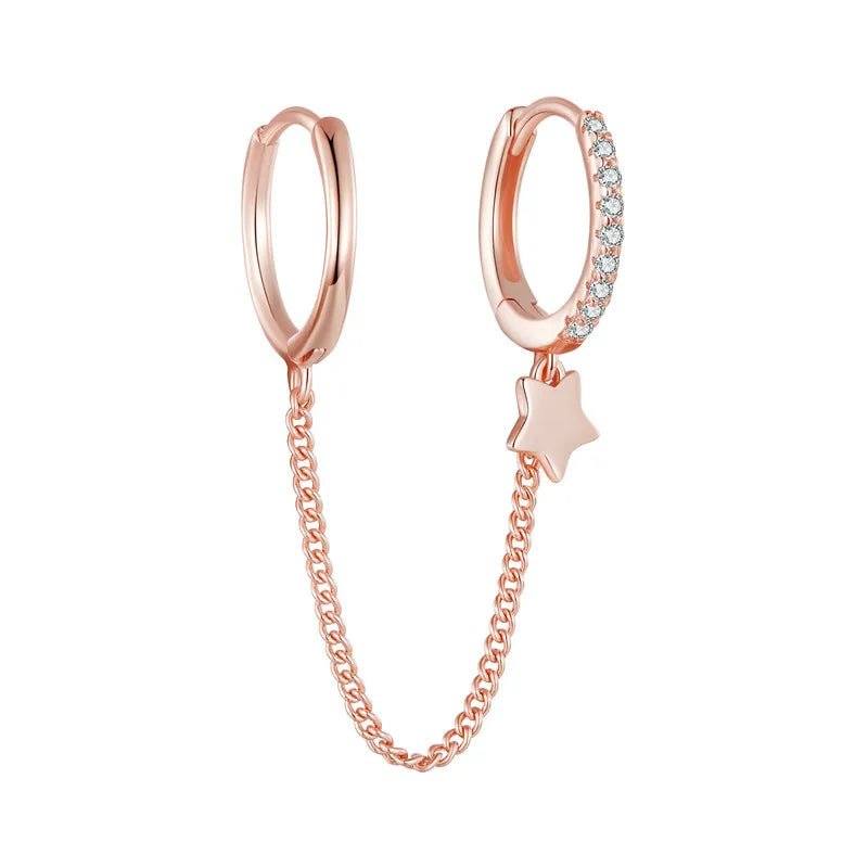 Zircon Stud Earrings with Chain – 925 Sterling Silver Double Hoop
