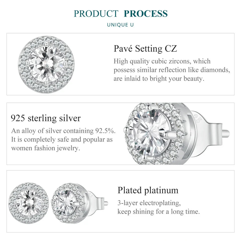 Classic Zircon Stud Earrings – 925 Sterling Silver Round Design