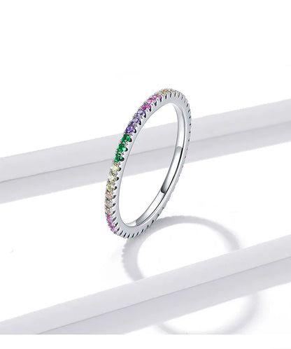 925 Sterling Silver Rainbow Ring with Full Zircons – Stackable and Dazzling