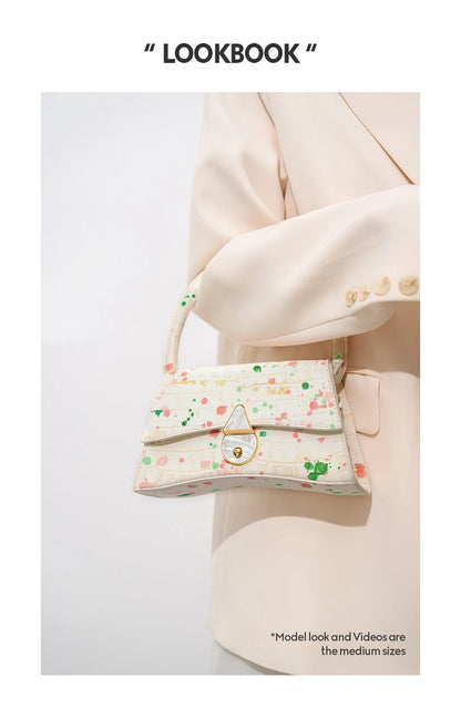 Genuine Leather Half Moon Flap Bag with Floral Pattern