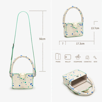 Boxy Genuine Leather Flap Bag – Dot Pattern Cat Design