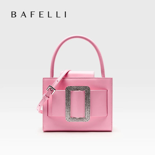 Genuine Leather Boxy Satchel – Diamond Accent Shoulder Bag
