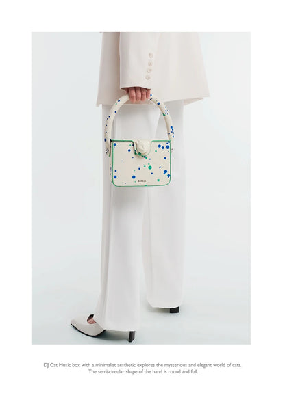 Boxy Genuine Leather Flap Bag – Dot Pattern Cat Design