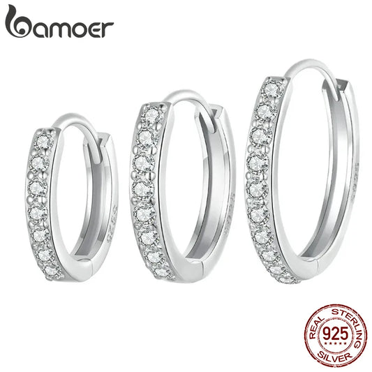 925 Sterling Silver CZ Huggie Hoop Earrings with Geometric Design