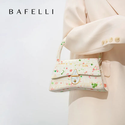 Genuine Leather Half Moon Flap Bag with Floral Pattern