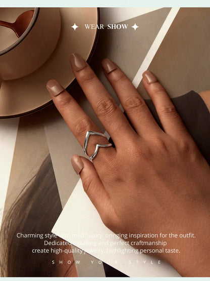 925 Sterling Silver Adjustable V-Shaped Ring with Double-Layer Design