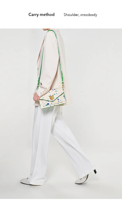 Genuine Leather Floral Flap Bag with Hasp Closure