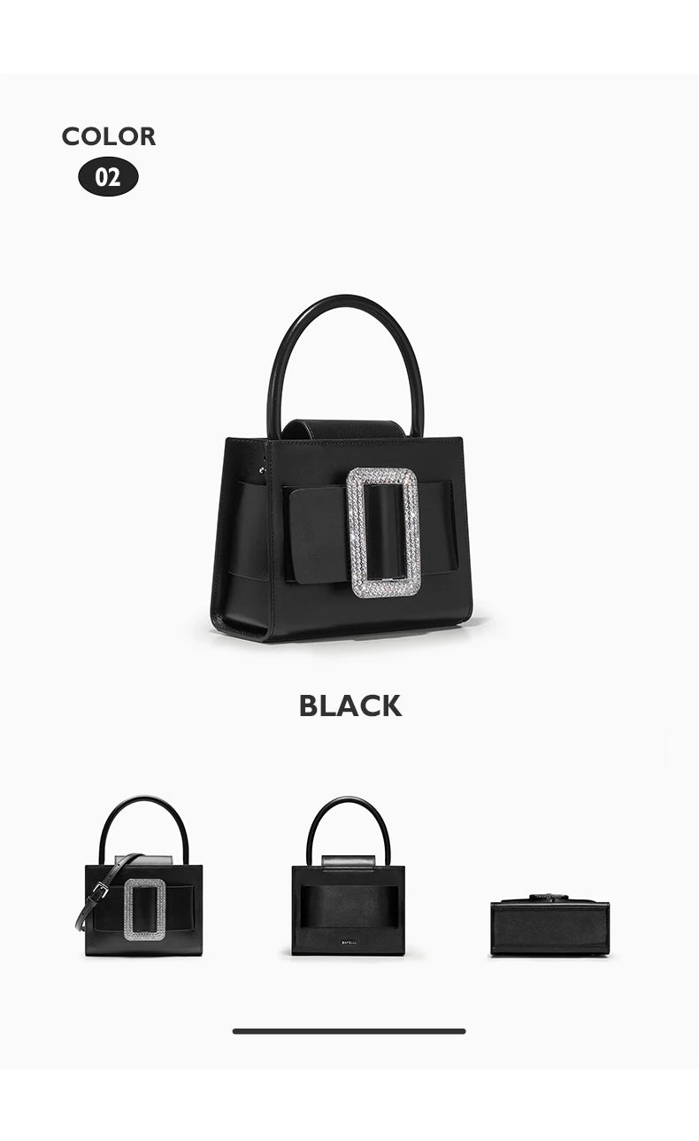 Genuine Leather Boxy Satchel – Diamond Accent Shoulder Bag