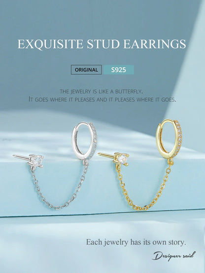 Zircon Stud Earrings with Chain – 925 Sterling Silver Double Hoop