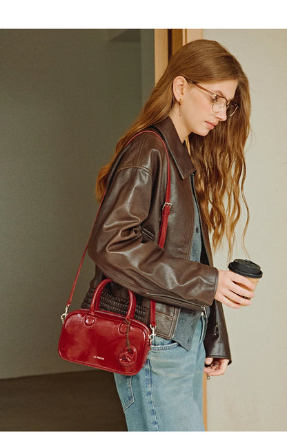 Genuine Leather Bowling Crossbody Bag