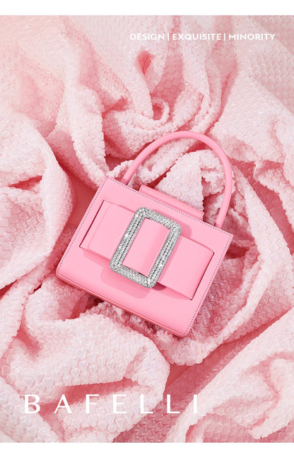 Genuine Leather Boxy Satchel – Diamond Accent Shoulder Bag