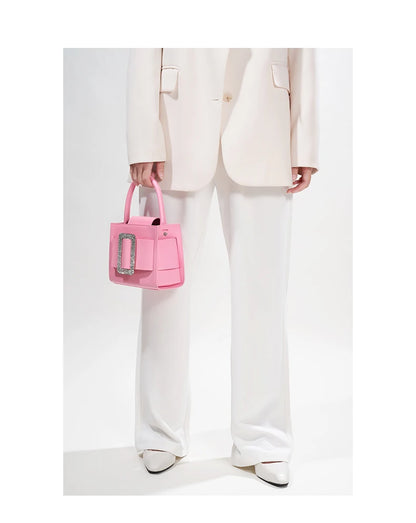 Genuine Leather Boxy Satchel – Diamond Accent Shoulder Bag