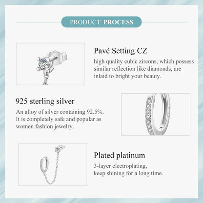 Zircon Stud Earrings with Chain – 925 Sterling Silver Double Hoop