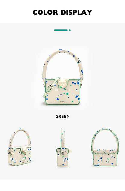 Boxy Genuine Leather Flap Bag – Dot Pattern Cat Design