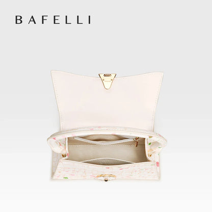 Genuine Leather Half Moon Flap Bag with Floral Pattern
