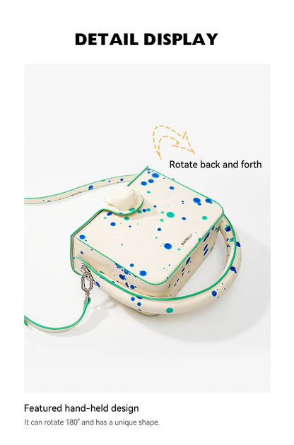 Boxy Genuine Leather Flap Bag – Dot Pattern Cat Design