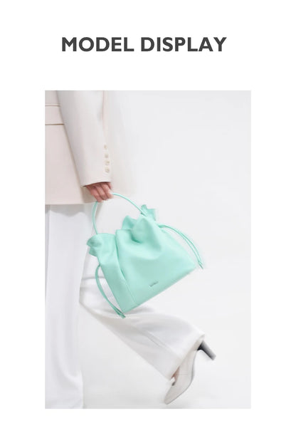 Genuine Leather Bucket Bag – Soft Casual with Open Pocket