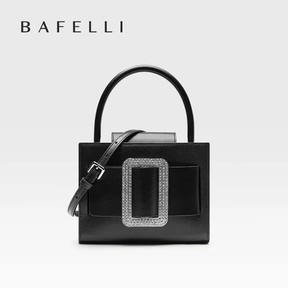 Genuine Leather Boxy Satchel – Diamond Accent Shoulder Bag