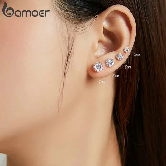 Platinum Plated 925 Sterling Silver Stud Earrings with Round Zircon