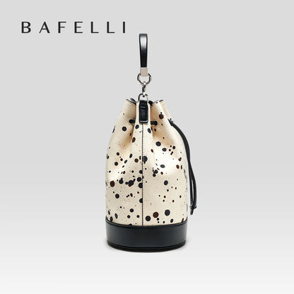 Genuine Leather Bucket Bag – Dot Pattern Drawstring