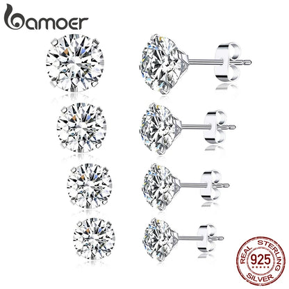 Platinum Plated 925 Sterling Silver Stud Earrings with Round Zircon