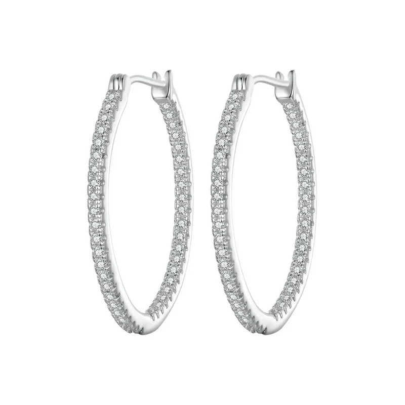 Sterling Silver Hoop Earrings – White Gold Plated with Zircon